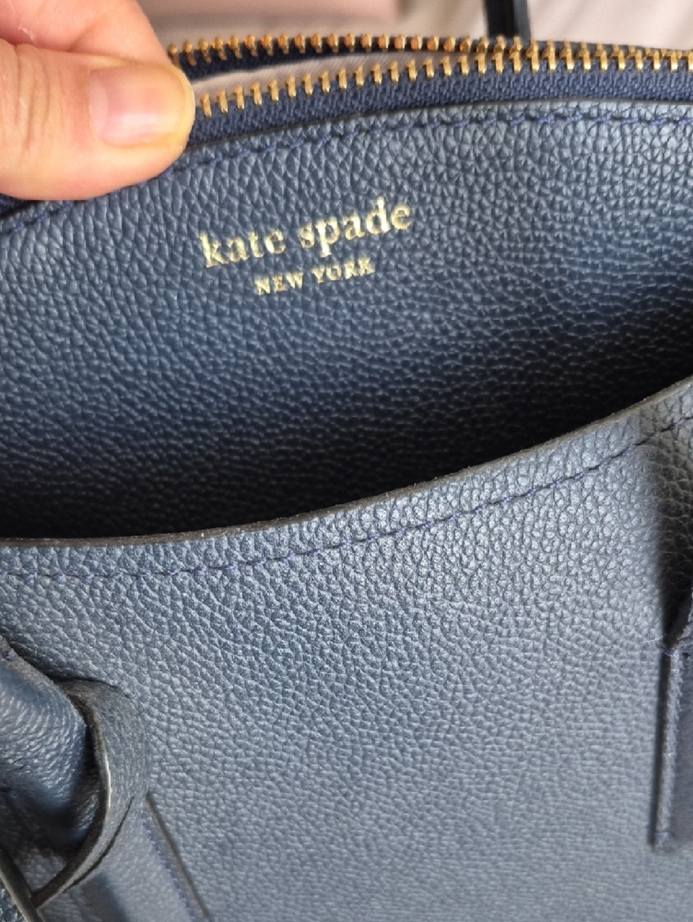 kate spade Medium Margaux Satchel navy pebbled leather satchel with gold accents - Picture 5 of 9